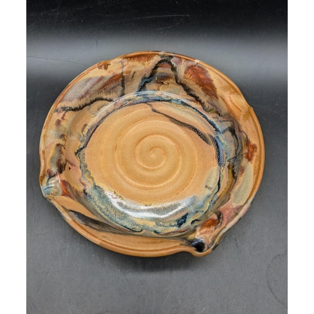 Alyse Studio Pottery Hand Thrown Signed Ceramic Ashtray Earth Tone Drip Glaze 5"